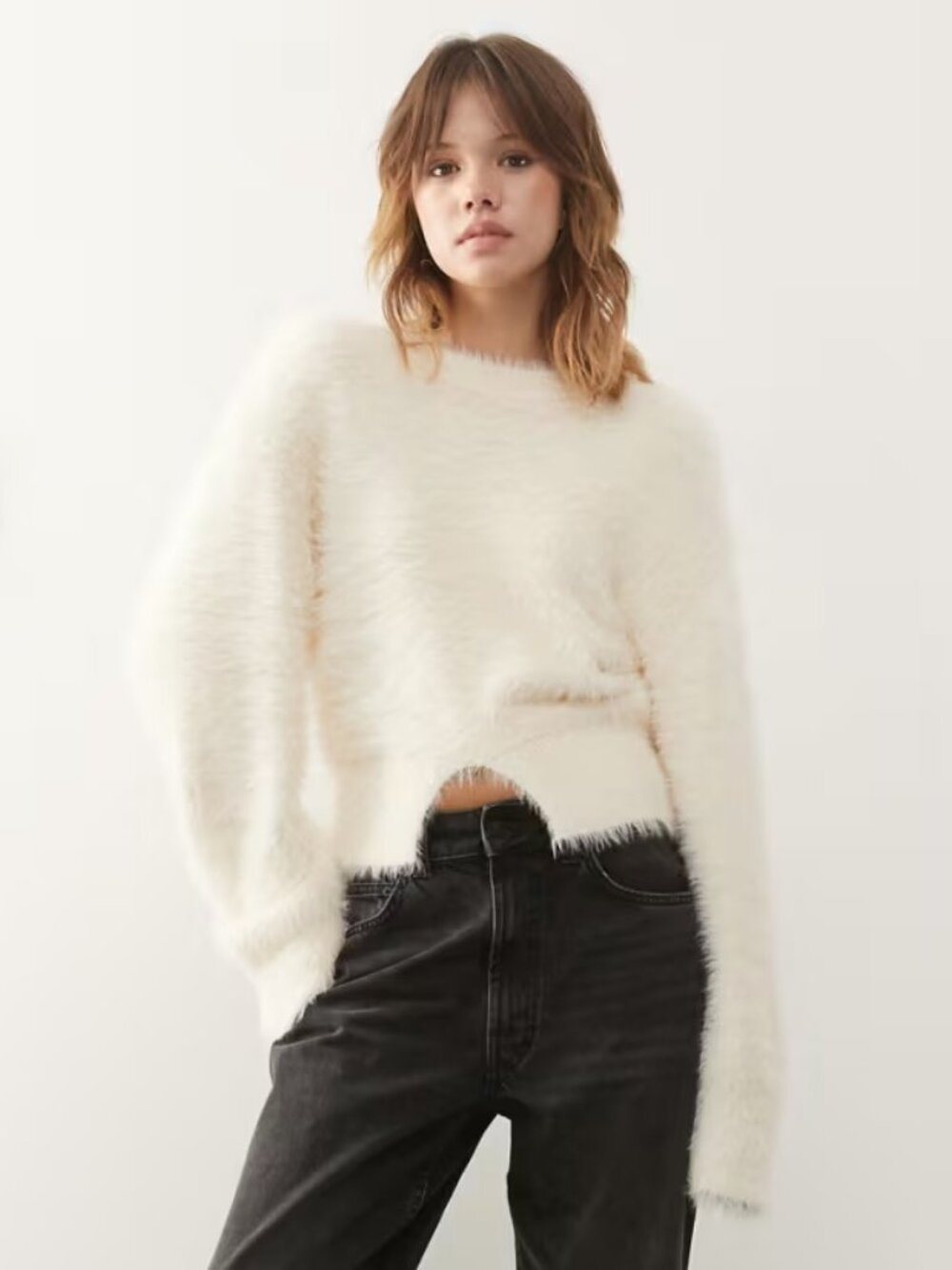 *NWT* Monki hairy knit sweater with front slit detail in off white